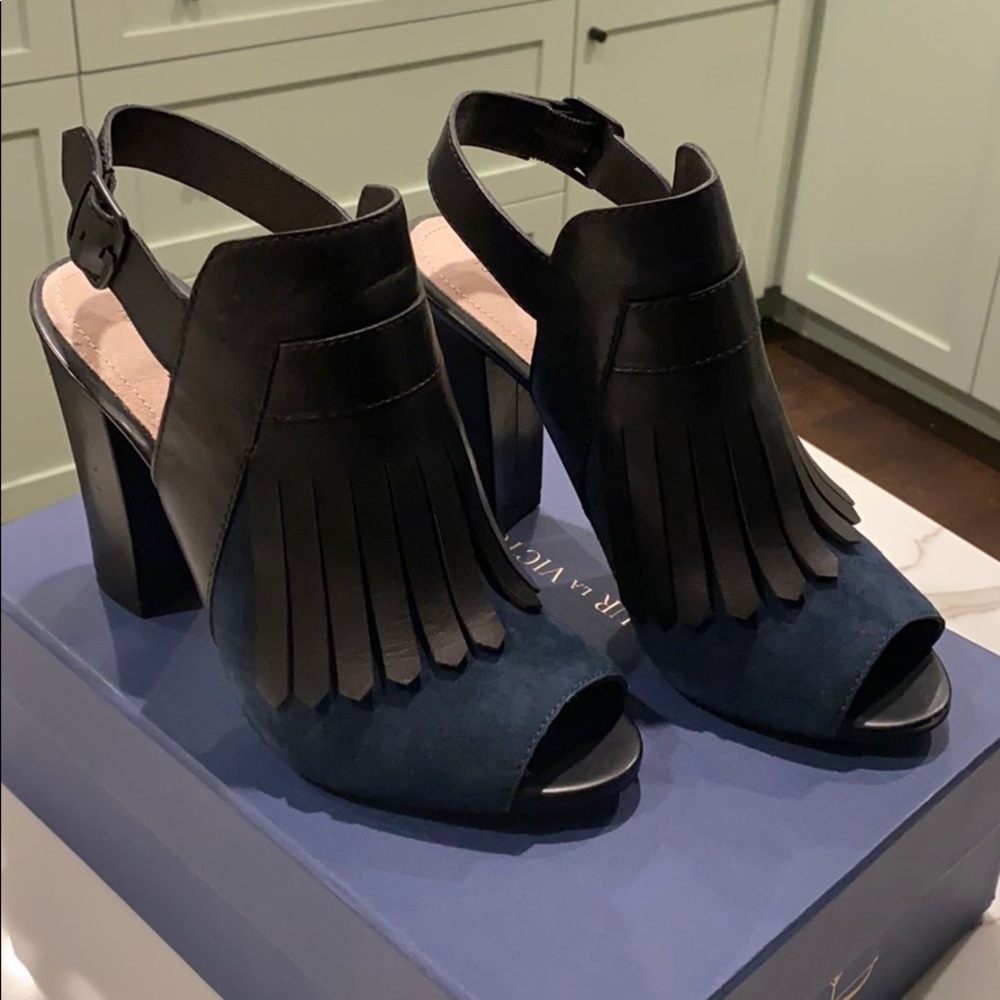 Pour La Victoire Black Leather/Indigo Suede Heels
